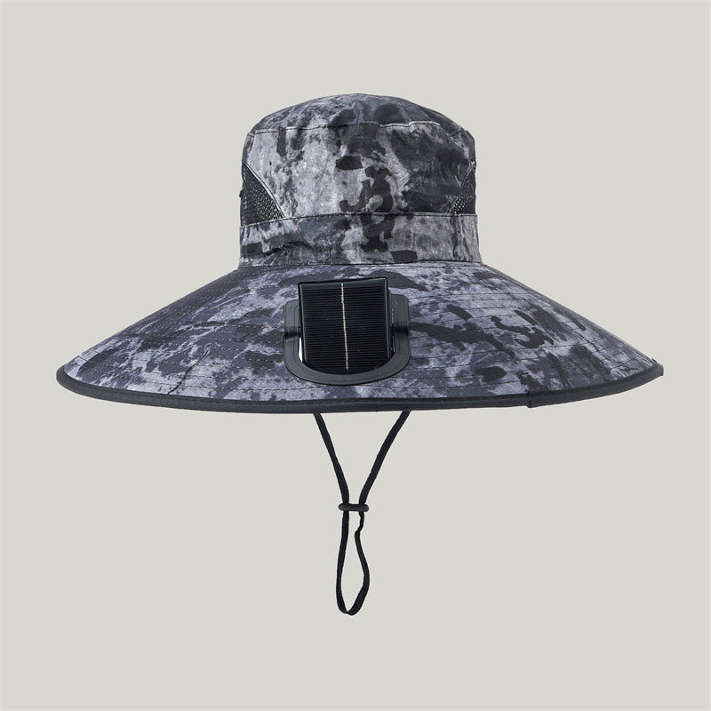 Wide-brimmed outdoor sun hat with solar-powered micro fan, breathable mesh and adjustable chin strap Bowlift