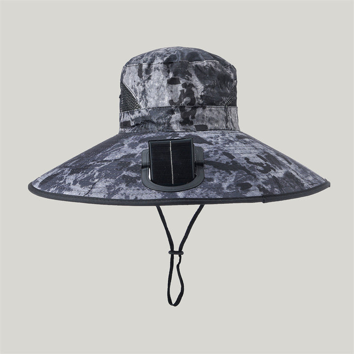 Wide-brimmed outdoor sun hat with solar-powered micro fan, breathable mesh and adjustable chin strap Bowlift
