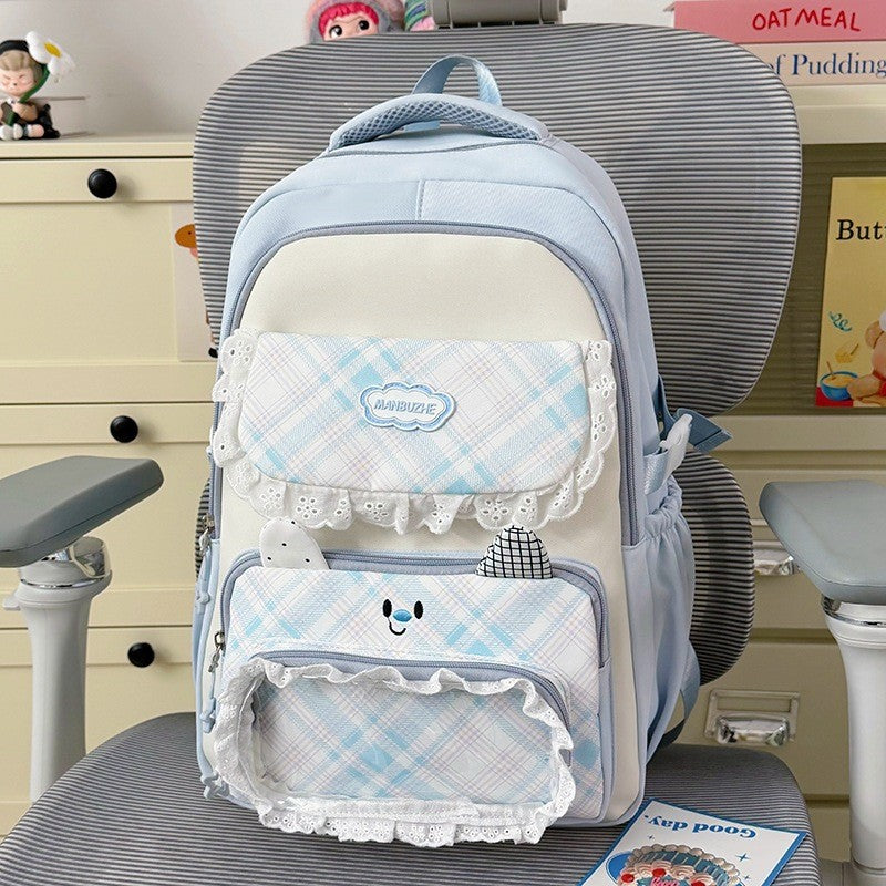 Cute Plaid Patterned Multi-Pocket School Backpack