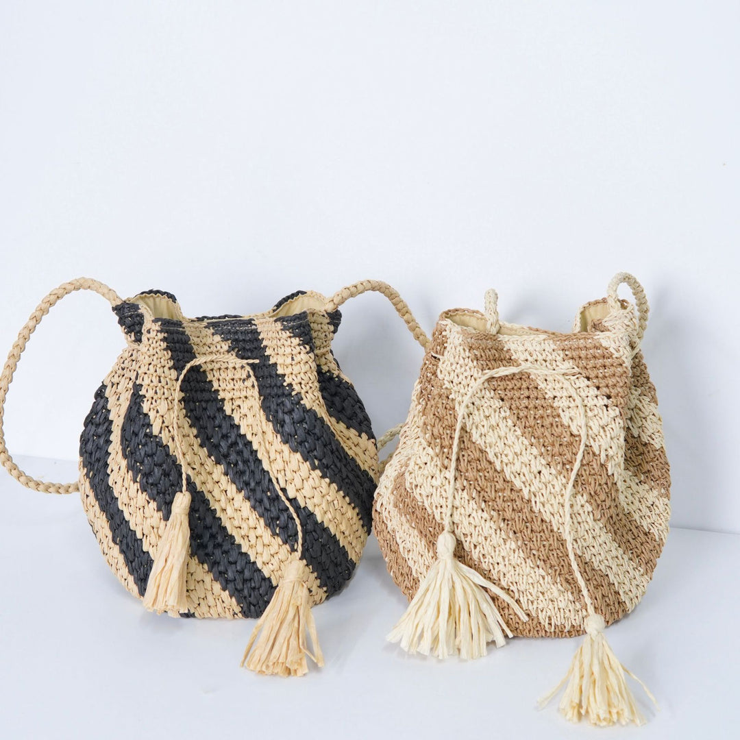 Braided Tote Bag with Tassels and Striped Design Bowlift