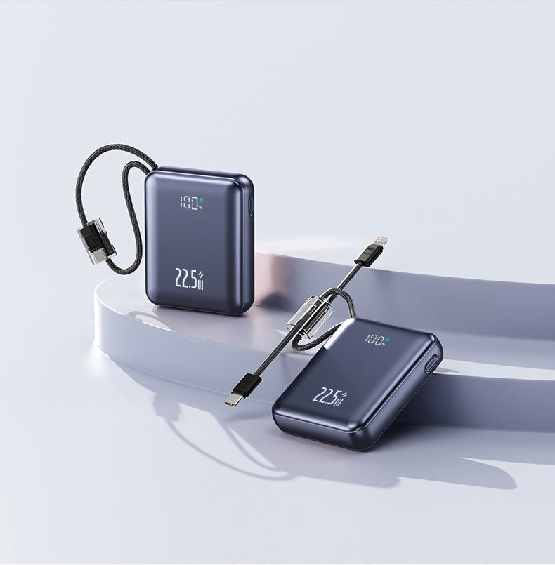 Compact power bank with digital power display and integrated charging cable Bowlift
