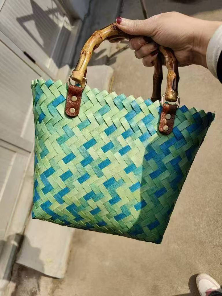 Woven Material Handbag with Wooden Handles Bowlift
