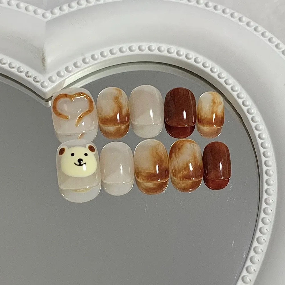 Artificial nails with cute bear design and elegant color gradients Bowlift