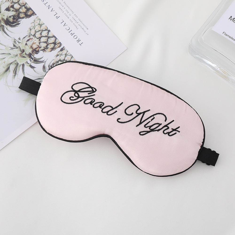 Unisex embroidered contoured sleep mask with decorative text embroidery and adjustable elastic band Bowlift