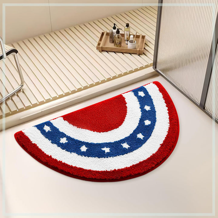Semi-Circular Tufted Chenille Non-Slip Bathroom Mat With Star Stripe Pattern