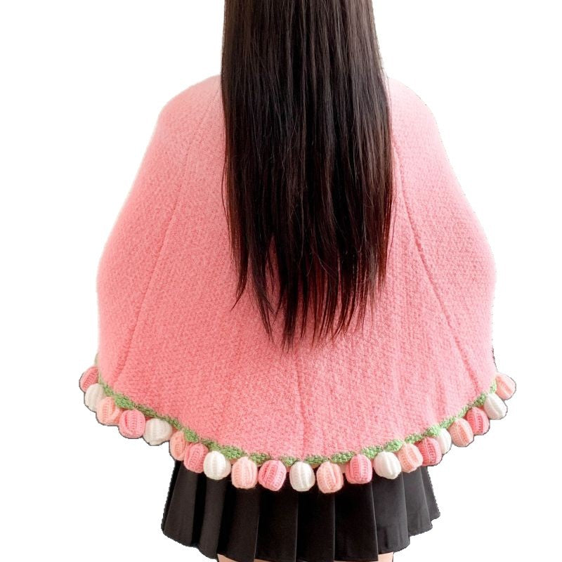 Poncho with Colorful Pom Pom Trim Bowlift