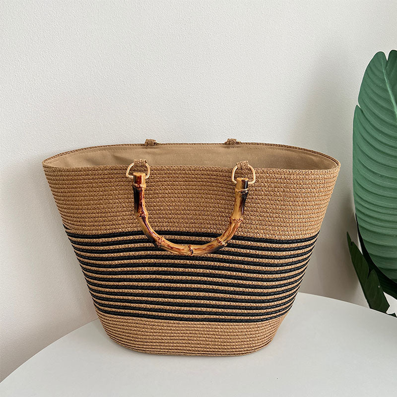 Stylish straw bag with high-quality wooden handle Bowlift