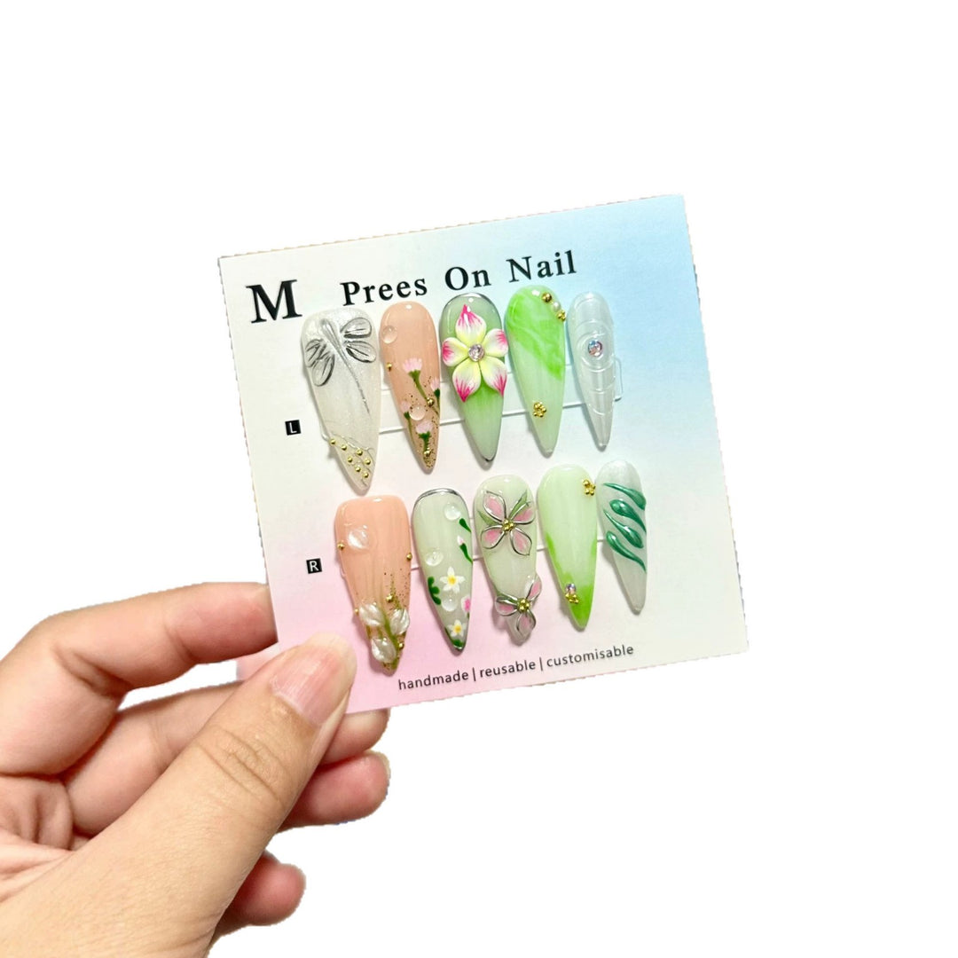 Artistic Floral and Gem-Embellished Press-On Nail Set