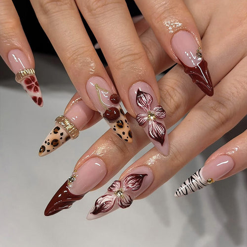 Art nail set with luxurious floral and leopard designs Bowlift