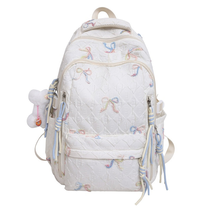 Quilted Embroidered Bow-Design Backpack Bowlift
