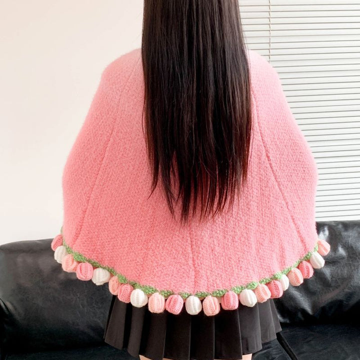 Poncho with Colorful Pom Pom Trim Bowlift