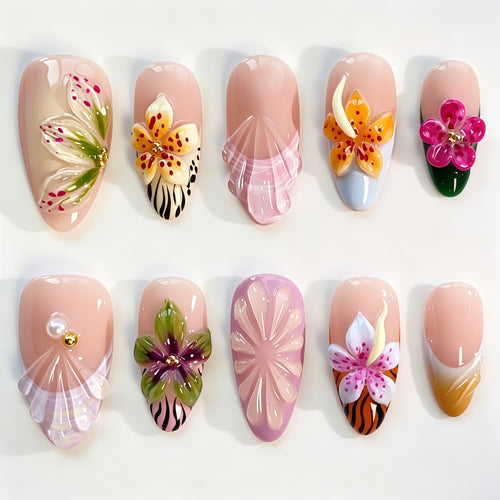 Artificial nails with floral design and 3D applications Bowlift