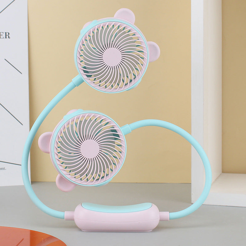 Unisex portable double-neck fan with flexible gooseneck, rechargeable battery and quiet motor Bowlift