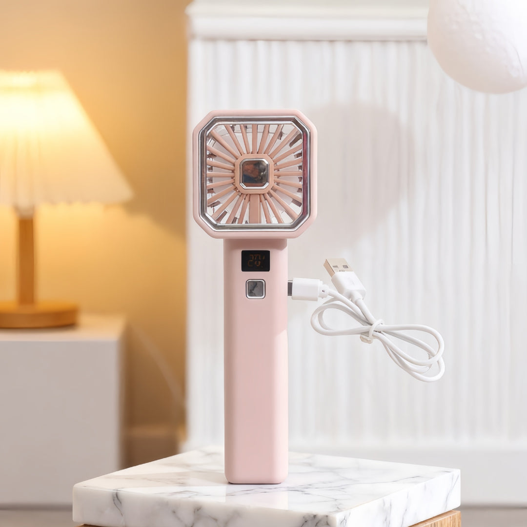 Unisex portable USB table fan with digital temperature display and compact folding grille Bowlift