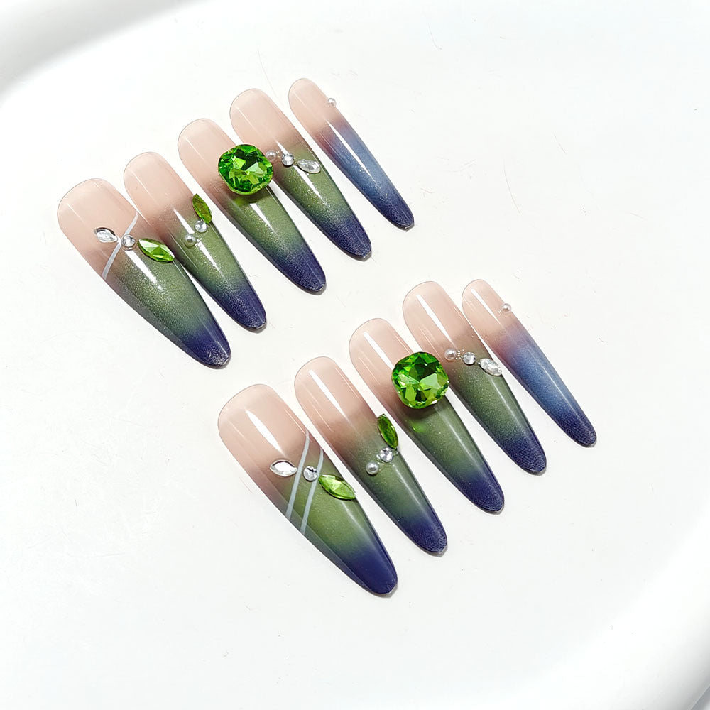 Artificial nails with elegant ombre design and rhinestone applications Bowlift