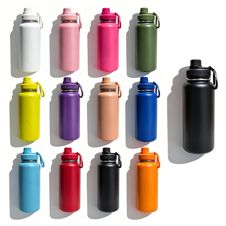 Insulated stainless steel water bottle with wide mouth and silicone carry loop Bowlift