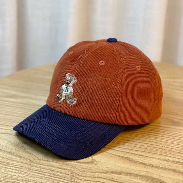 Women's Corduroy Baseball Cap with Teddy Bear Embroidery Bowlift