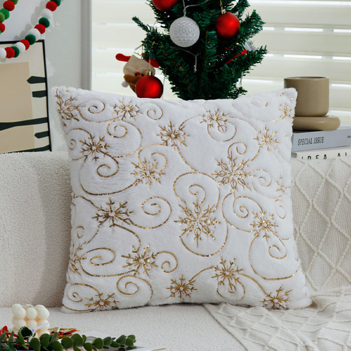 Rectangular faux fur cushion cover with embroidered snowflakes and sequins Bowlift