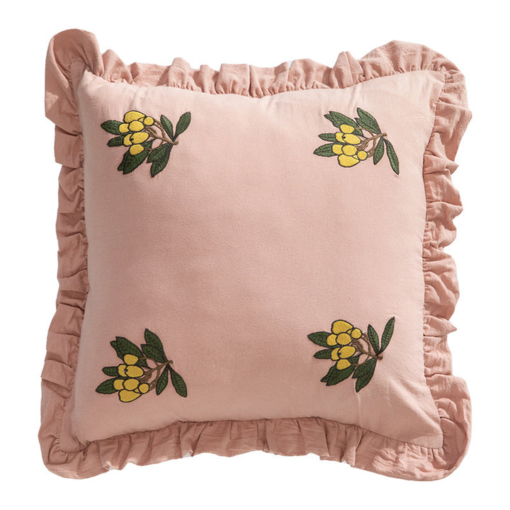 Square decorative cushion with frill edge and embroidered berry ornament made of cotton-linen Bowlift