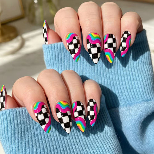 Creative artificial nails with colorful wave and checkerboard design Bowlift