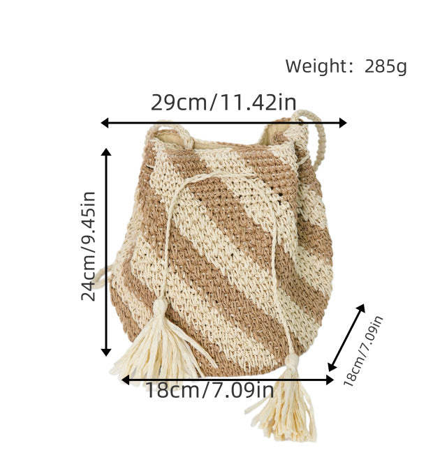 Braided Tote Bag with Tassels and Striped Design Bowlift