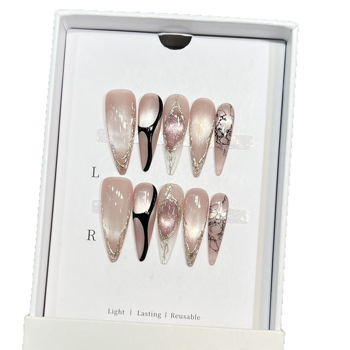 Artistic Stiletto Press-On Nail Set with Unique Marble Design Bowlift