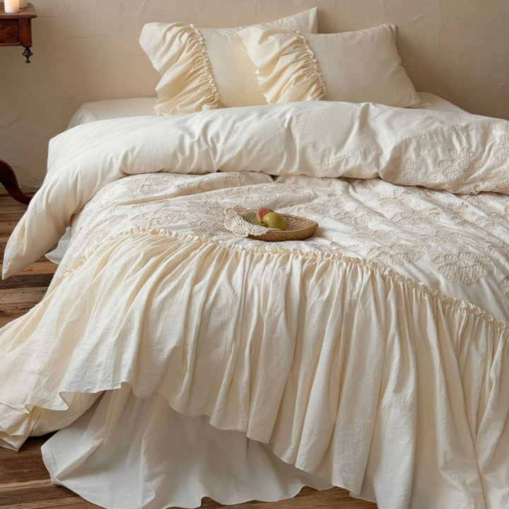 Vintage bedding set with ruffled bed skirt and embroidered bedspread