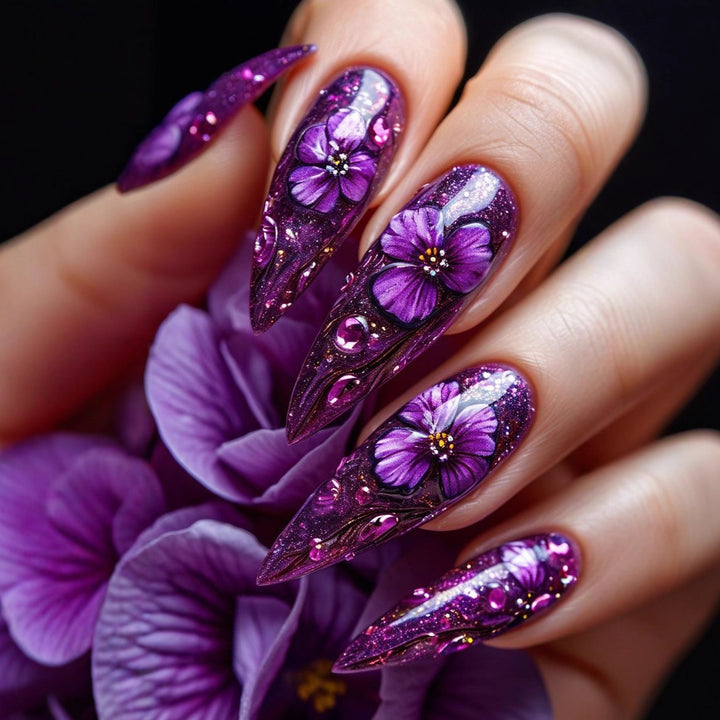 Artificial nails with luxurious floral design and glitter effects Bowlift