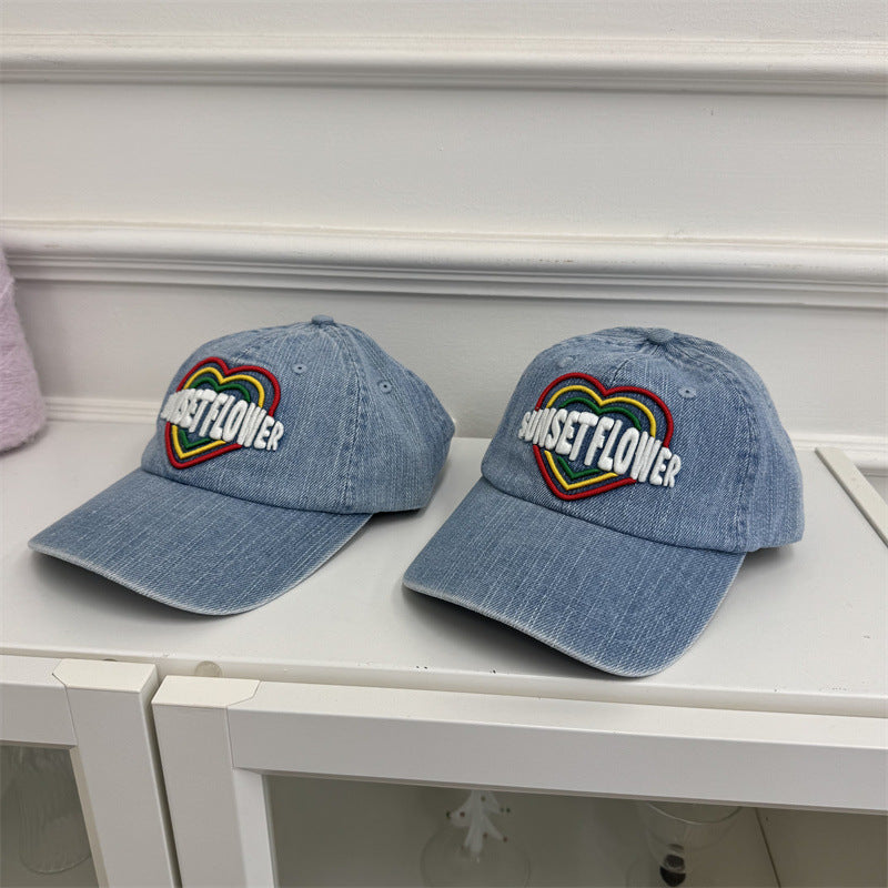 Women's Embroidered Heart Design Denim Baseball Cap Bowlift