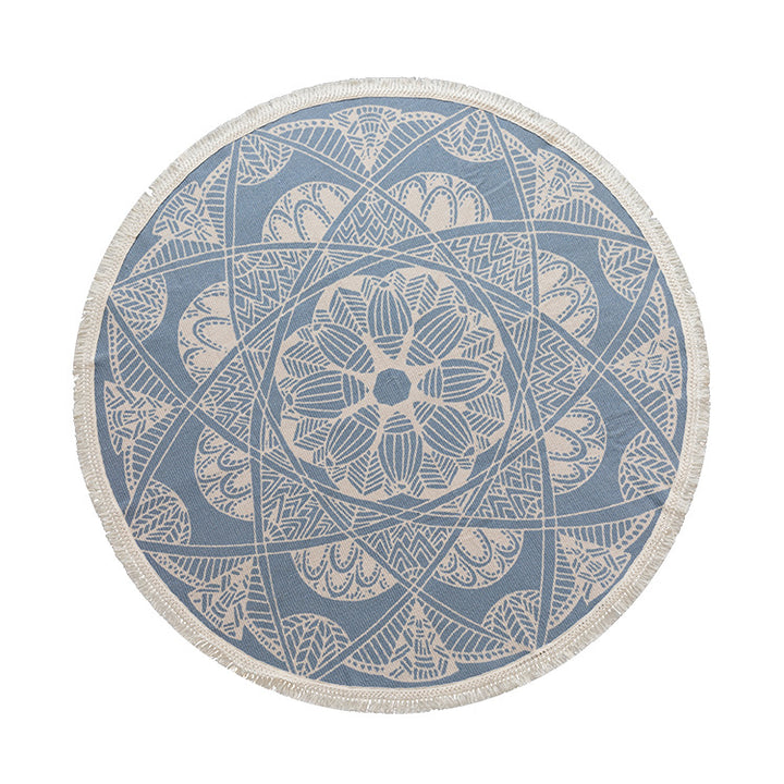 Round woven rug with mandala motif, flat cotton-jute mix and fringes Bowlift