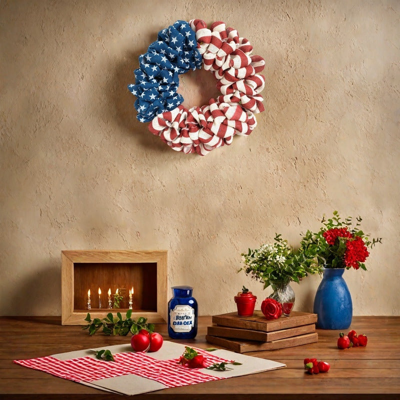 Unisex nan patriotic burlap wreath with ruffled looped design and stars and stripes motif for front door Bowlift