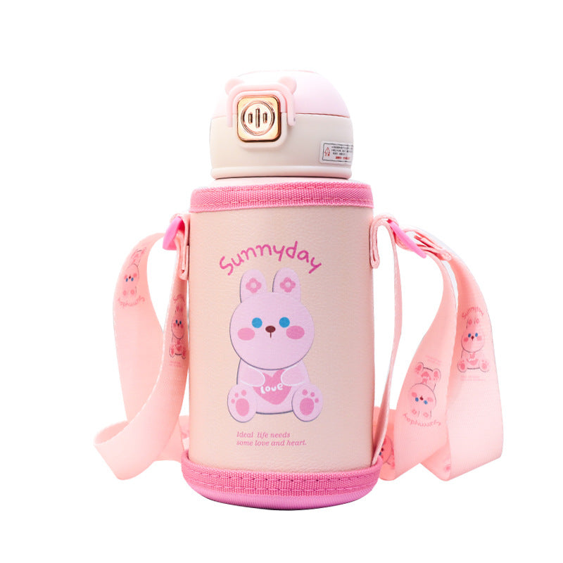 Ladies insulated bottle with cute cat motif and practical carrying strap Bowlift