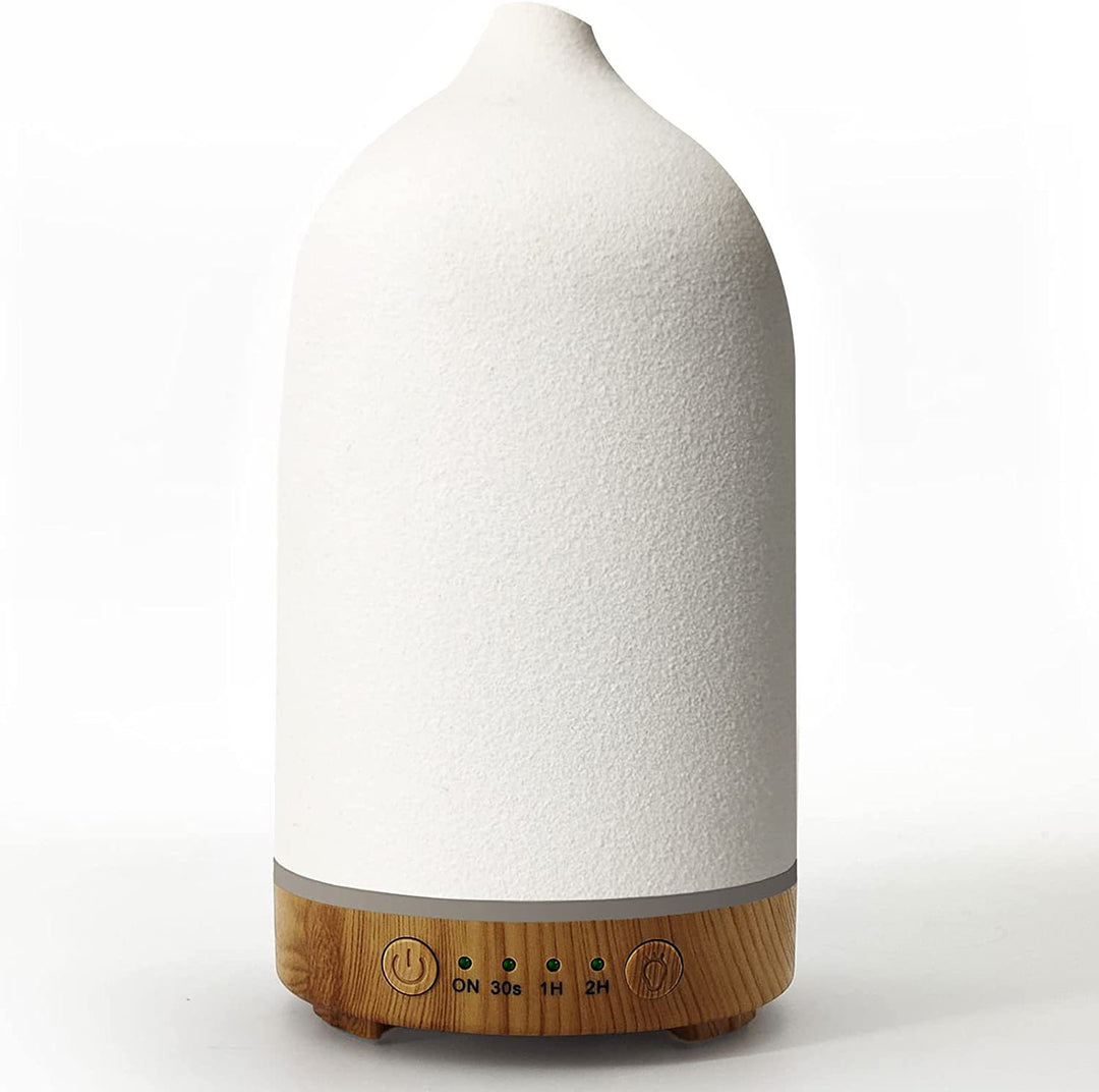 Ultrasonic essential oil diffuser with wood grain base and matte textured ceramic cover Bowlift