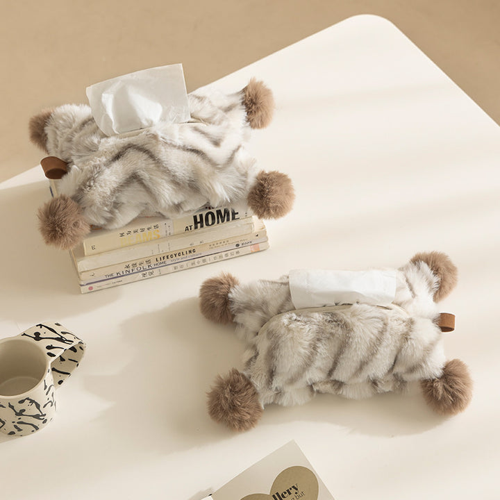 Decorative faux fur tissue box cover with pom poms and hanging handle Bowlift