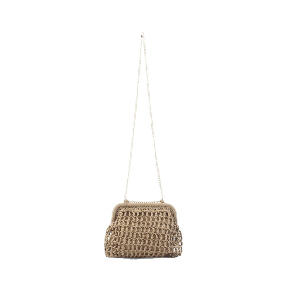 Woven Natural Material Handbag with Fine Chain Accents Bowlift