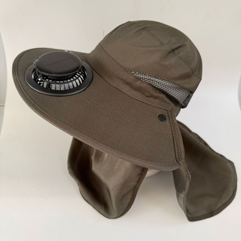 Non-ventilated sun hat with removable fan, neck protection, and adjustable chin strap Bowlift