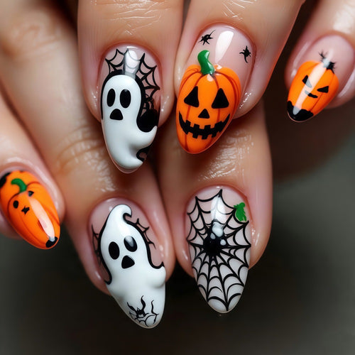 Halloween-themed artificial nails with spooky ghost and pumpkin design Bowlift