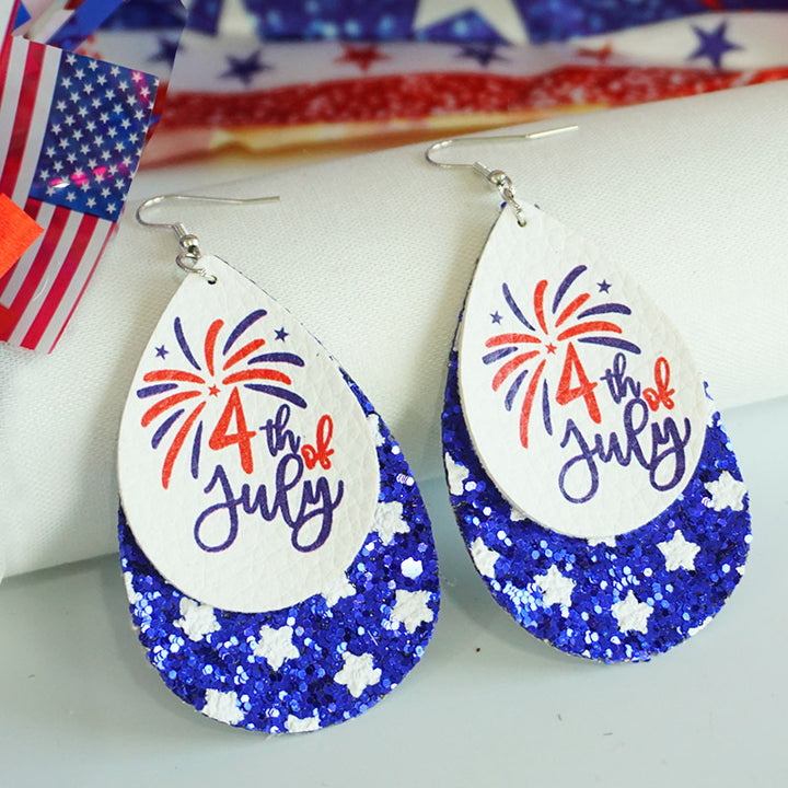 Women's patriotic drop earrings made of faux leather with glitter stars and the inscription Bowlift