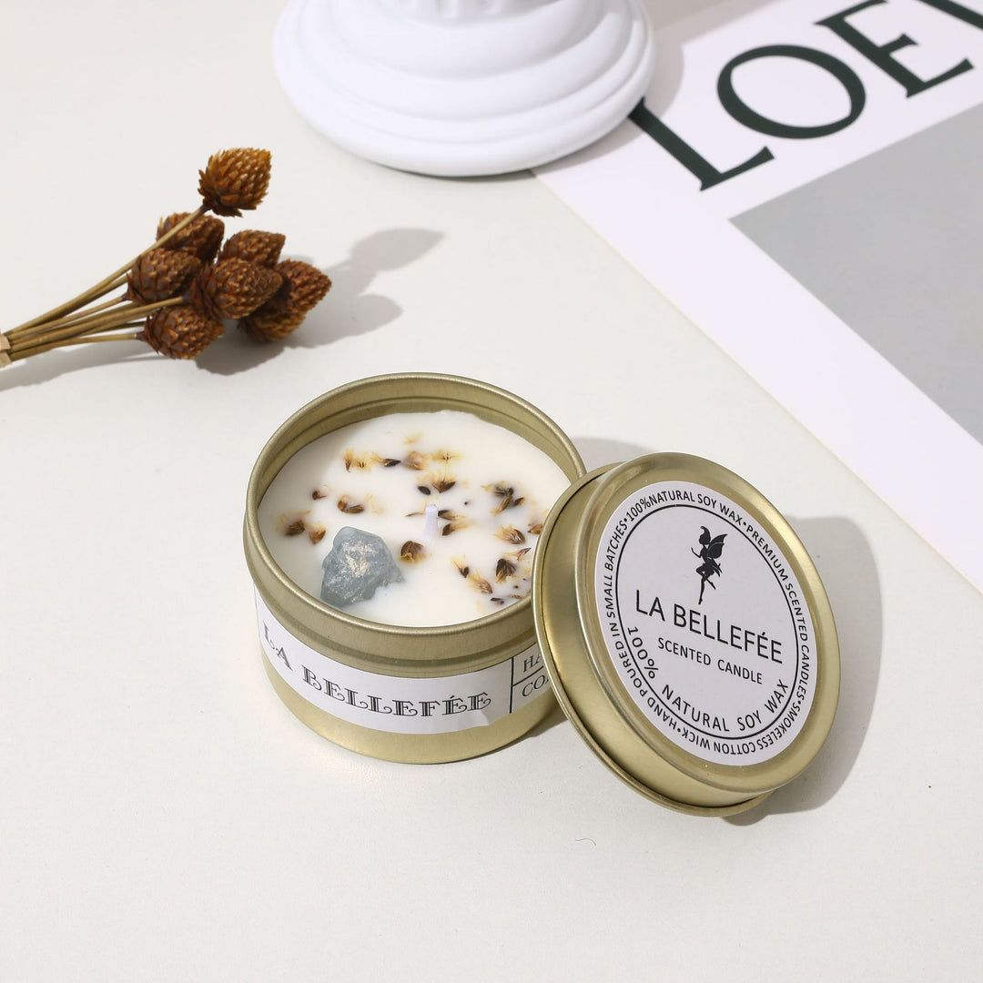 Hand-Poured Soy Tin Candle with Embedded Crystal and Dried Flower Accents