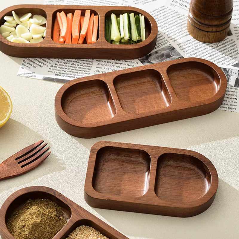 Double Compartment Acacia Wood Condiment Dish Bowlift