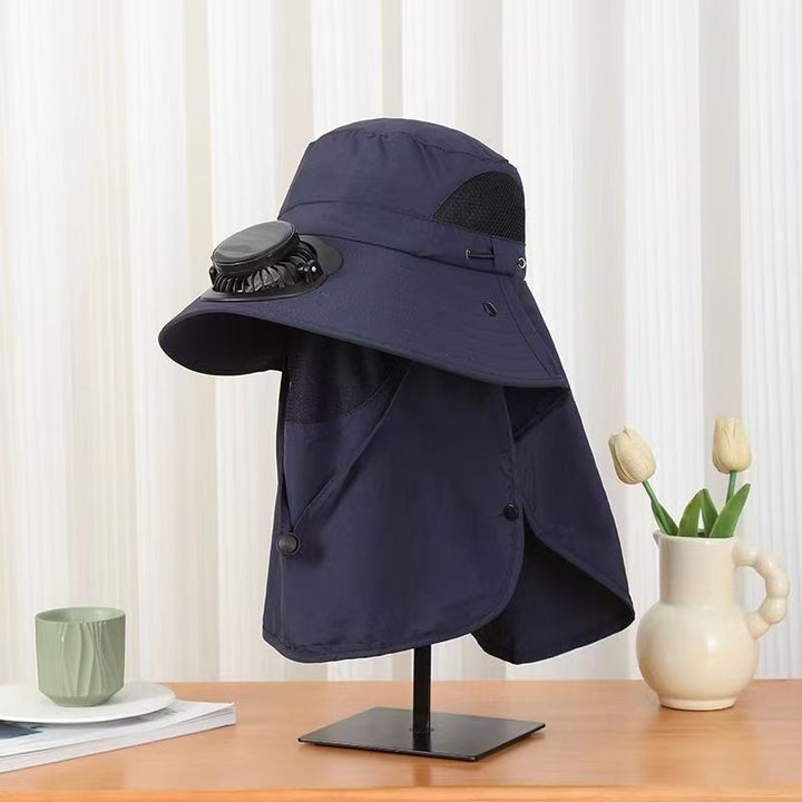 UV-Protect-Sun Hat with removable face and neck protection, integrated solar fan and breathable mesh Bowlift