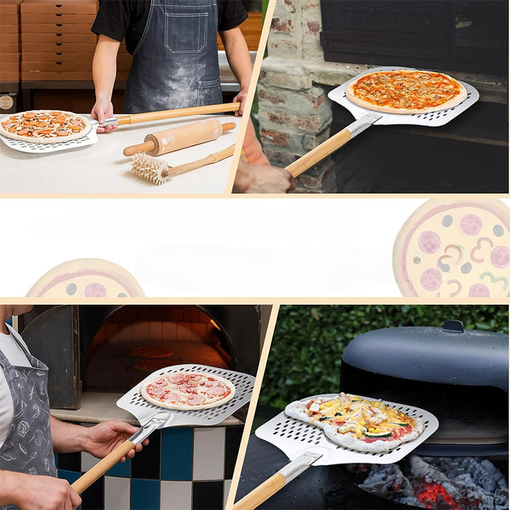 long-handled perforated pizza peel set with wooden handle stainless steel cutter and triangle server Bowlift