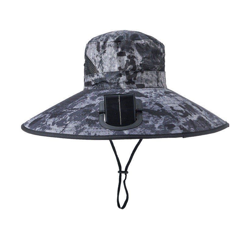 Wide-brimmed outdoor sun hat with solar-powered micro fan, breathable mesh and adjustable chin strap Bowlift
