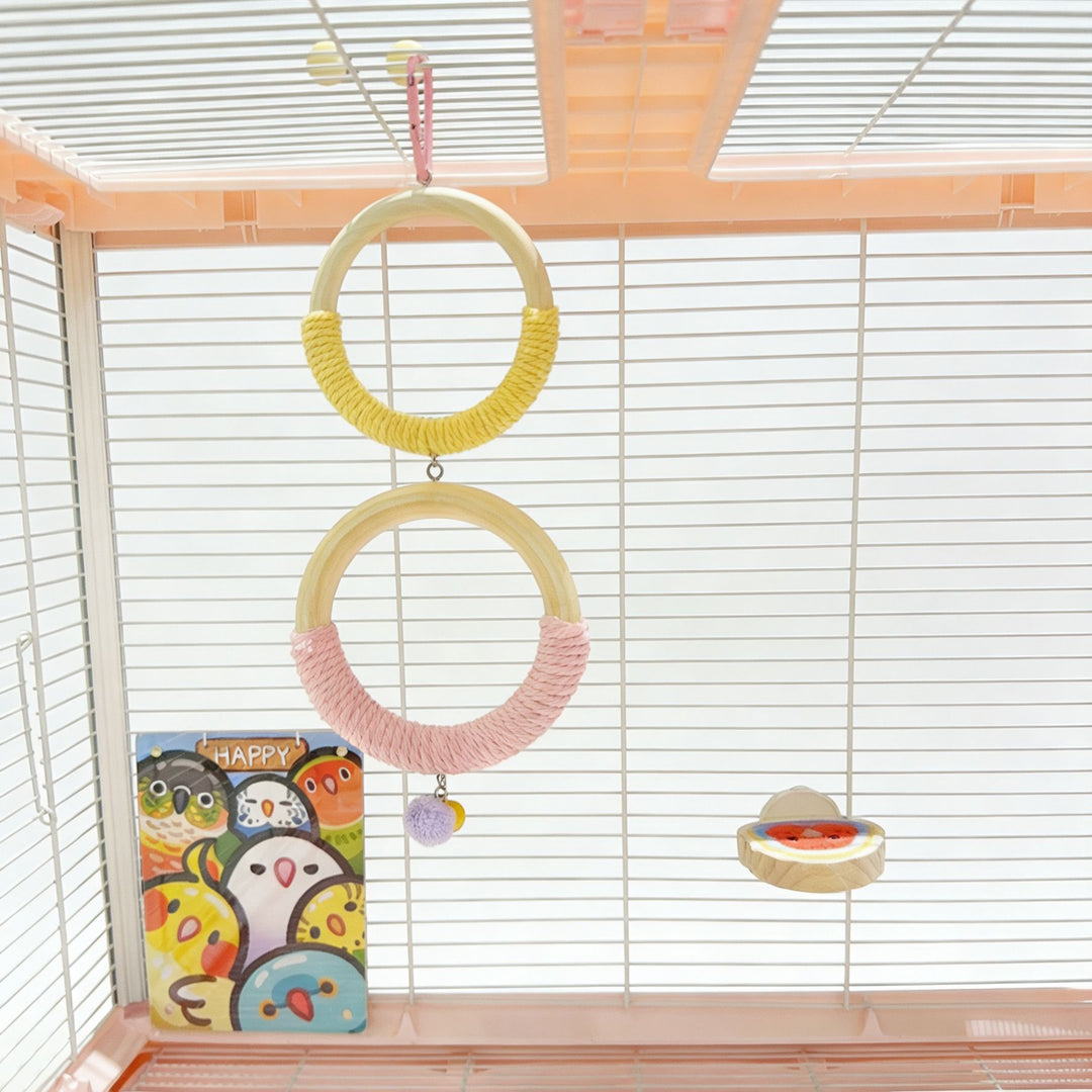 Hanging Rope-Wrapped Wooden Ring Chew and Perch Bird Toy Bowlift