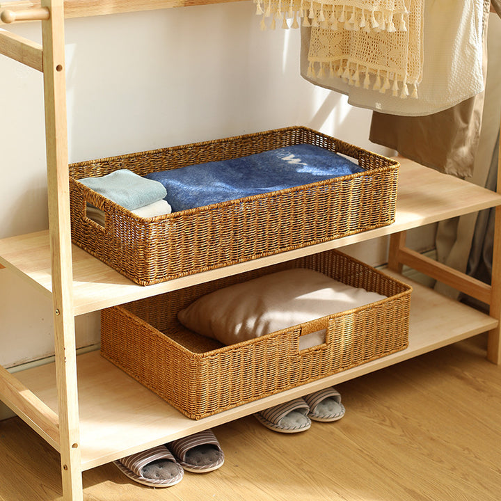 Handwoven Rectangular Storage Basket with Cut-Out Handles Bowlift