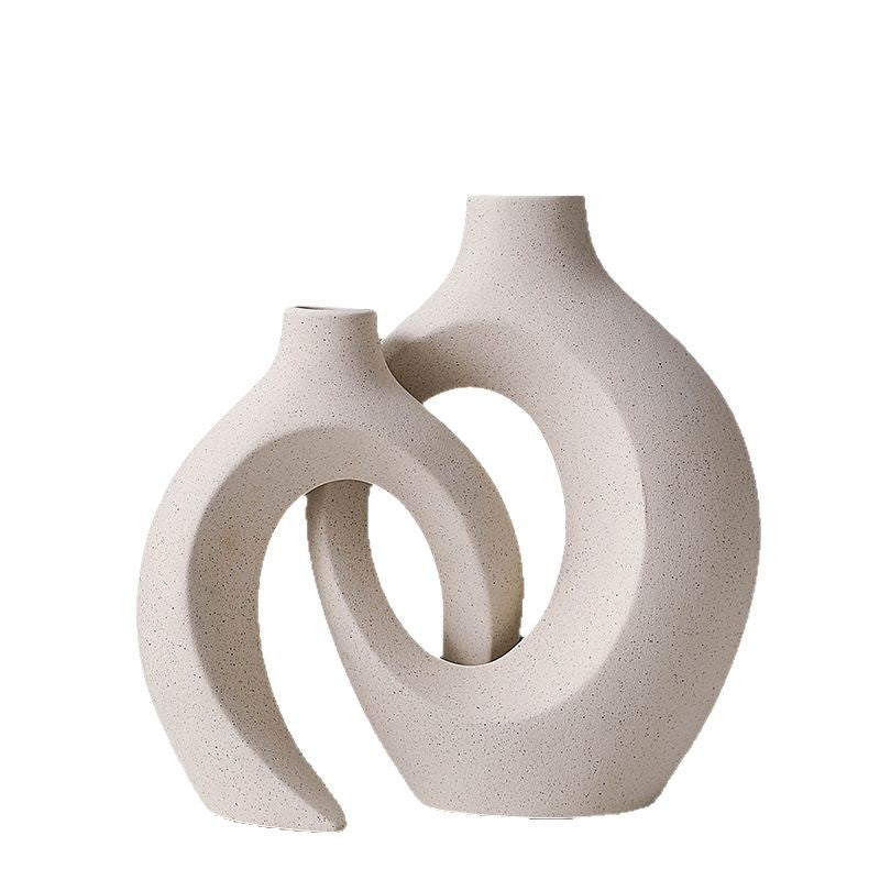 Modern Sculptural Hollow-Ring Ceramic Tabletop Vase Set With Minimalist Asymmetrical Silhouette