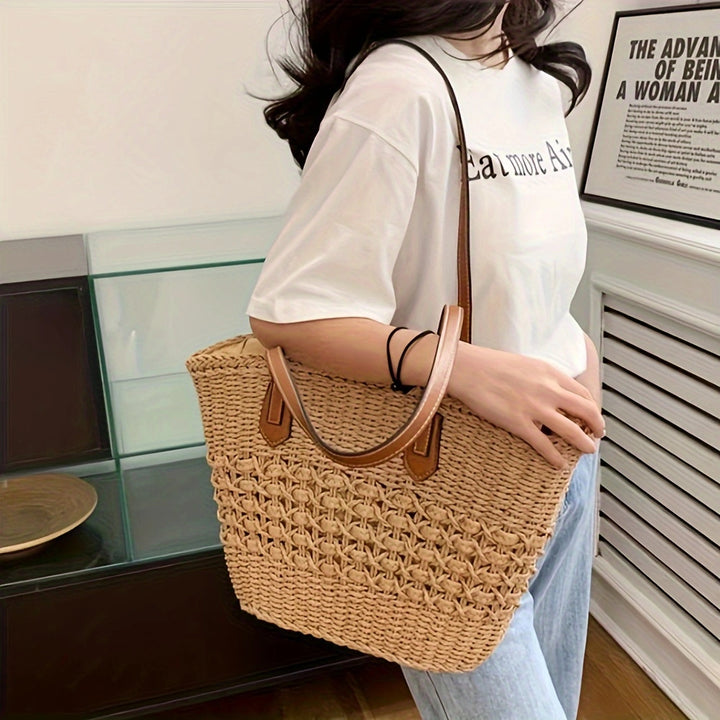 Natural basket bag with elegant leather handles Bowlift