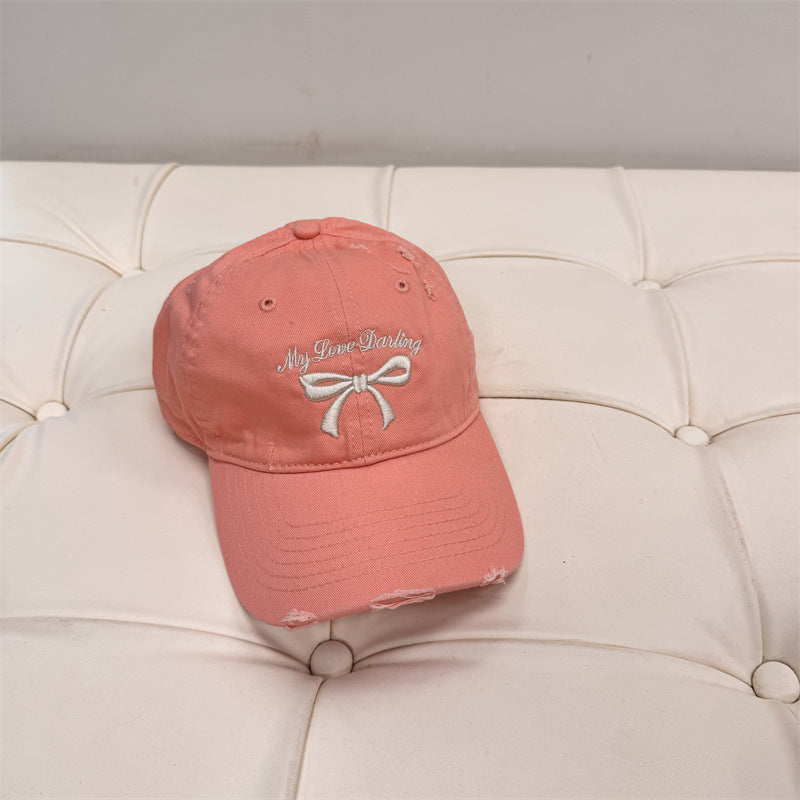 Women's Distressed Cotton Baseball Cap with Bow Embroidery Bowlift