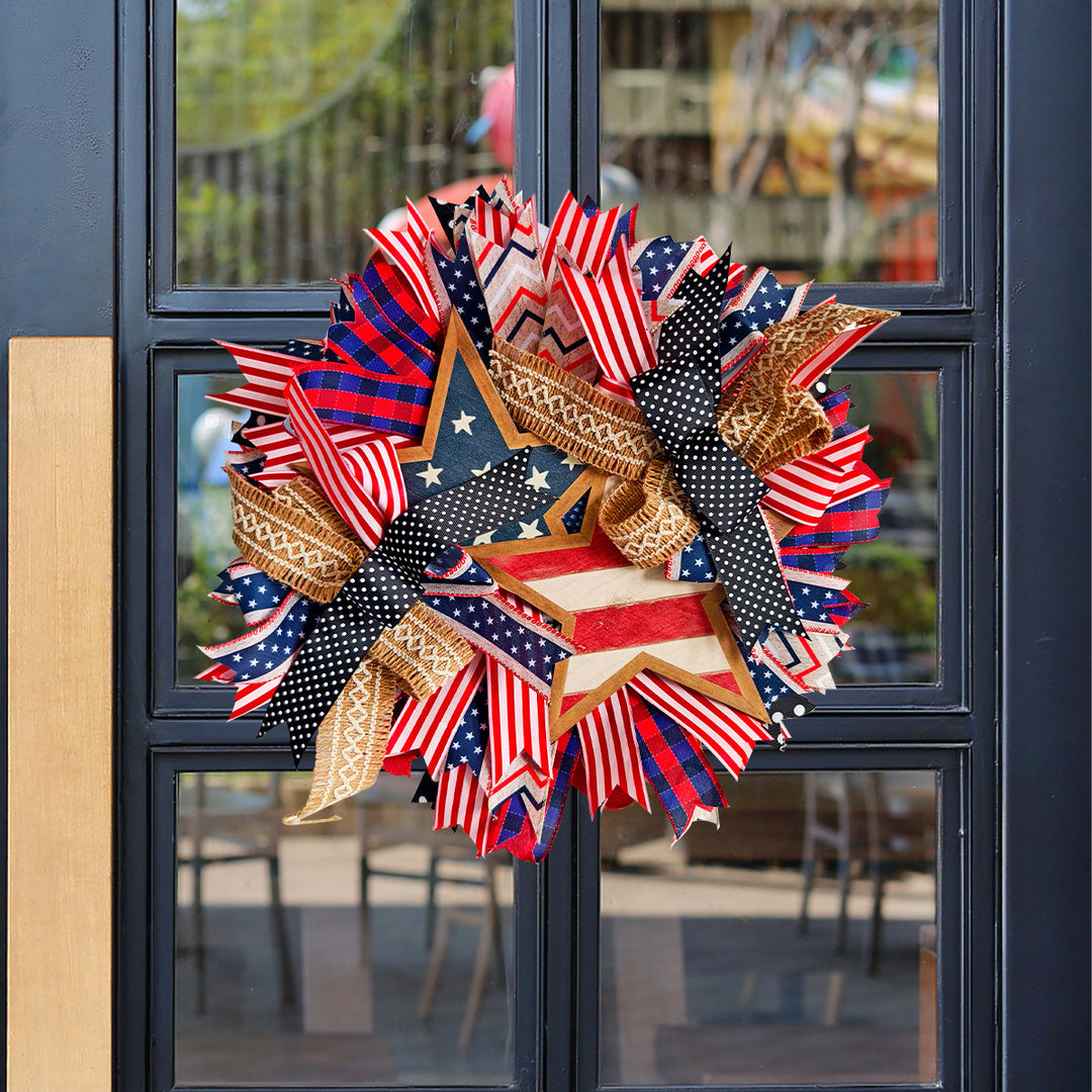 Unisex nan more patriotic door wreath with wooden star, multi-layered fabric bows and rustic jute ribbon Bowlift