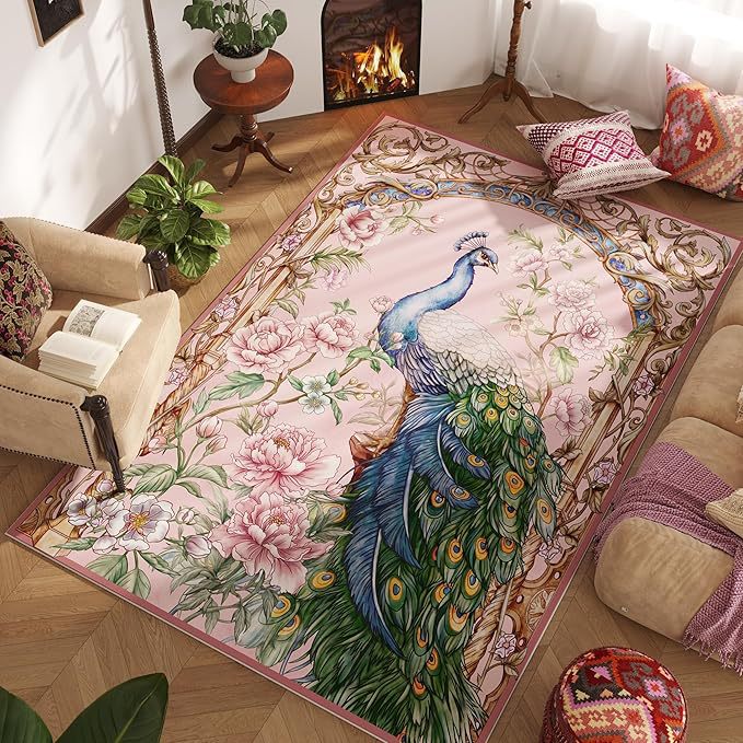 Ornamental Peacock Design Area Rug Bowlift